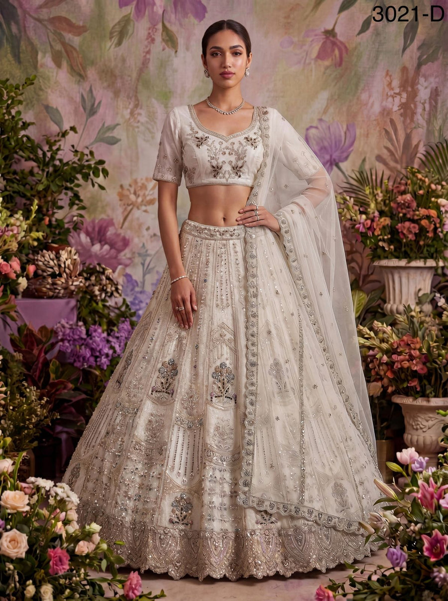 White Pure Soft Heavy Net Fancy Embroidery Work Bridal Lehenga Choli - White