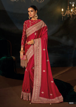 RED VISCOSE SATTIN SAREE WITH JARI, SEQUENCE & CUT- DANA HEAVY HAND WORK