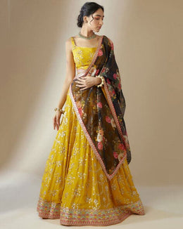 Yellow & Black Floral Summer Festive & wedding Style Embroidered Lehenga Choli - No Stitch