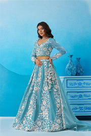 Aqua Blue Organza Designer Lehenga Choli for Wedding