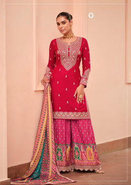 Rani pink Style Embroidered Suit with Floral Palazzo