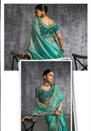 Beetle Green brown Saree with Embroidered Border Designer Blouse