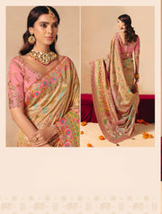 Blush Peach colour Dola Zari Silk Saree with Heavy Embroidery & Cutwork Lace