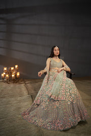 Sea Green & pink Embroidered Sequinned Lehenga & Unstitched Blouse With Dupatta