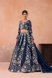 Dark Navy Blue Organza Designer Lehenga Choli for Wedding