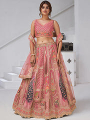 Pink Thread Sequins  Silk Wedding Lehenga with Leaf Embroidery & Peacock Motifs