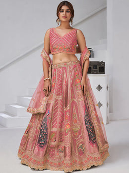 Pink Thread Sequins  Silk Wedding Lehenga with Leaf Embroidery & Peacock Motifs