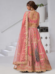 Pink Thread Sequins  Silk Wedding Lehenga with Leaf Embroidery & Peacock Motifs