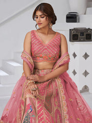 Pink Thread Sequins  Silk Wedding Lehenga with Leaf Embroidery & Peacock Motifs