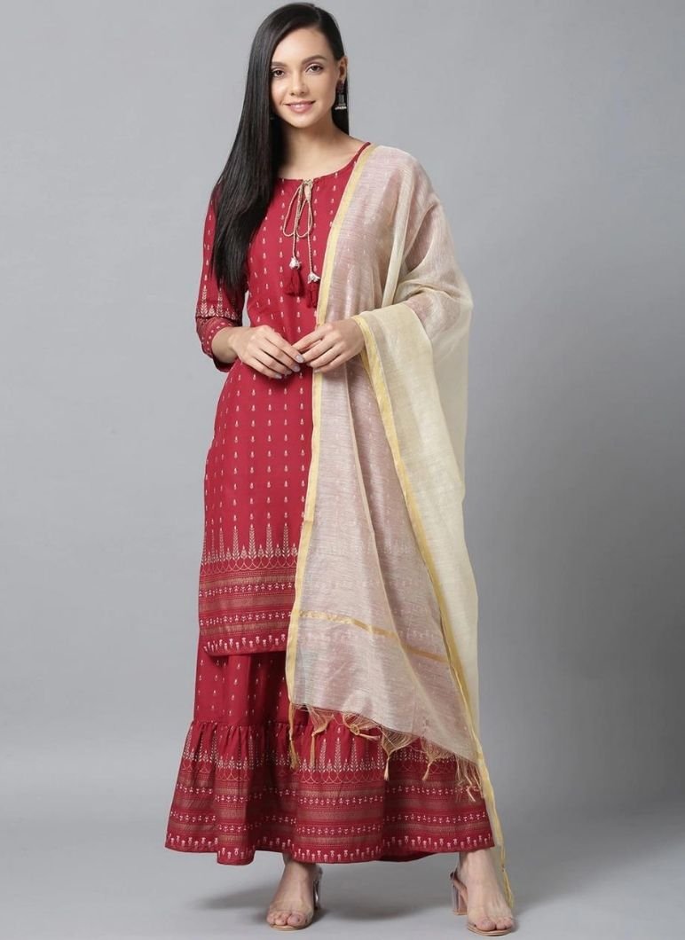 off white dress with red dupatta