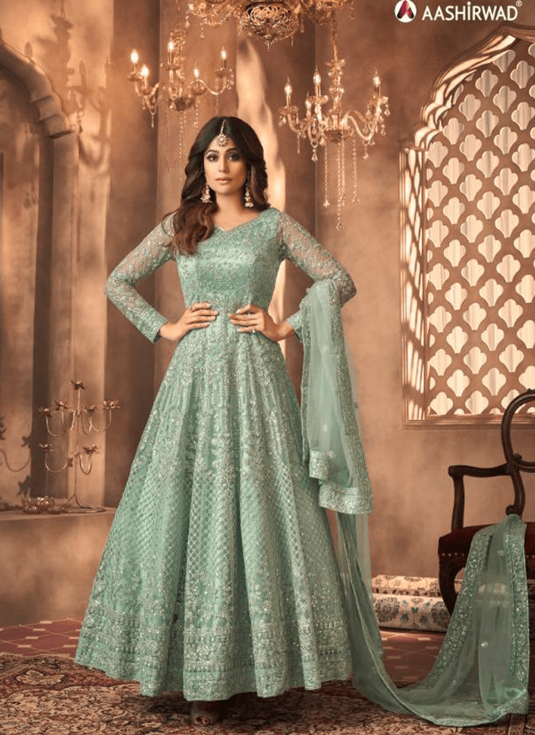 Designer Sky Blue Party Wear Dress with ...