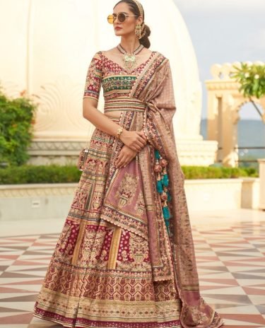 Golden Maroon  Color Pure Smooth Rajwadi With Sparkle N Mirror Work Silk Lehenga