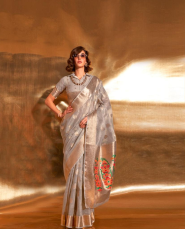 Grey Color Pathani Zari Tissue Handwoven Saree