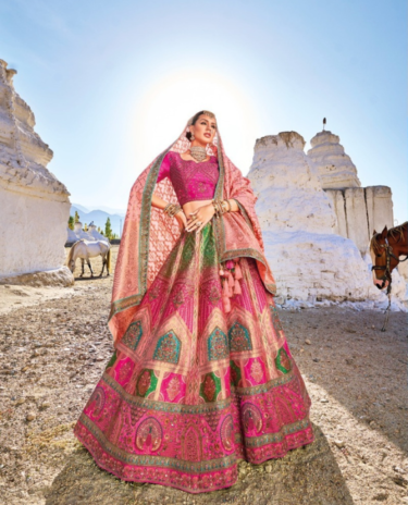Pink - Green Banarasi Lehenga Choli