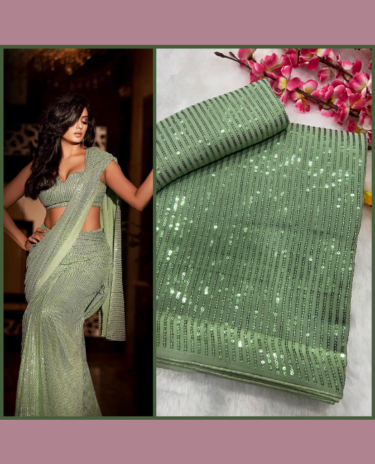 Light Green Heavy Georgette Sequence Embroidery Work Saree