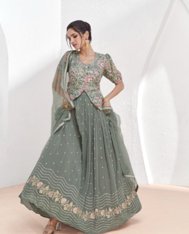Grey Colour Indo Western Georgetta Embroidery Handwork Stylish Crop top with Net Duppata