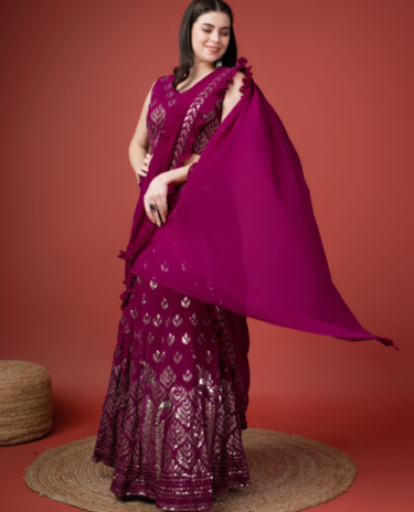 Purple Embroidered Ready Made Saree