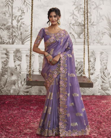 Purple Soft Woven Embroidery Designer silk Saree With Matching Floral work blouse