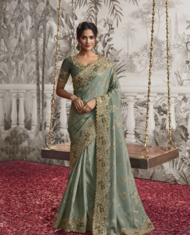 Sea Green Soft Woven Embroidery Designer silk Saree With Matching Floral work blouse