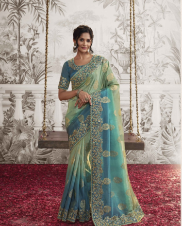 Peacock Colour Soft Woven Embroidery Designer silk Saree With Matching Floral work blouse