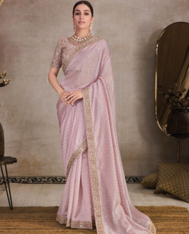 Rose Pink Colour Heavy Embroidery Organza Saree