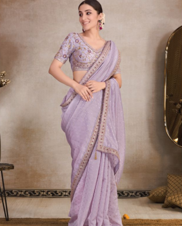 Light Purple Colour Heavy Embroidery Organza Saree