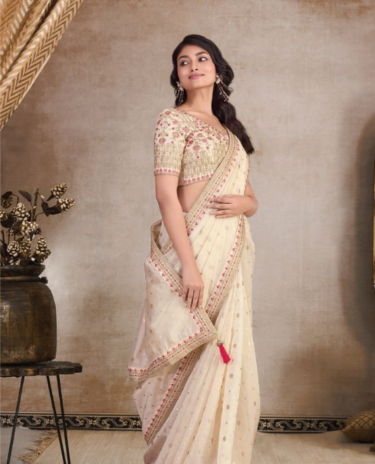 Cream Colour Heavy Embroidery Organza Saree