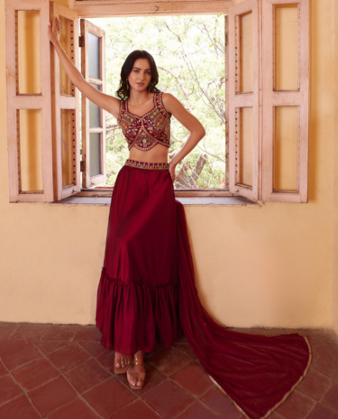Dark Red Sharara and Embroidery choli georgette Indo western