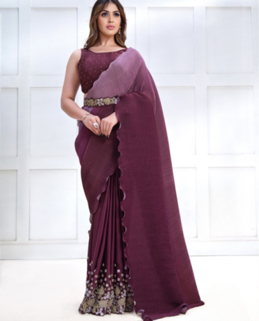 Purple Colour Embroidered Silk Traditional Partywear Saree