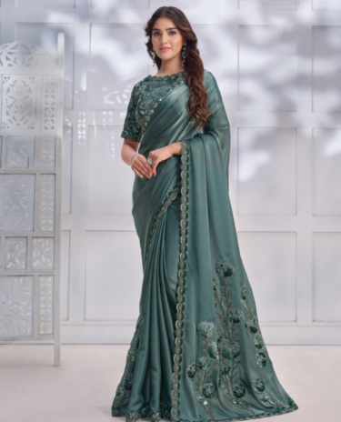 Sea Green Colour Embroidered Silk Traditional Partywear Saree