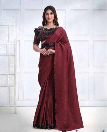 Dark Red Colour Embroidered Silk Traditional Partywear Saree