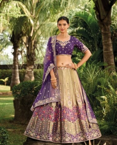 Golden Banarasi Silk Lehenga Set with Purple Blouse