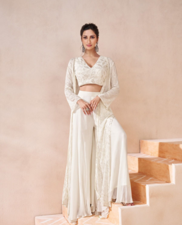 White Real Georgetta Embroidery choli with shrug and palazzo