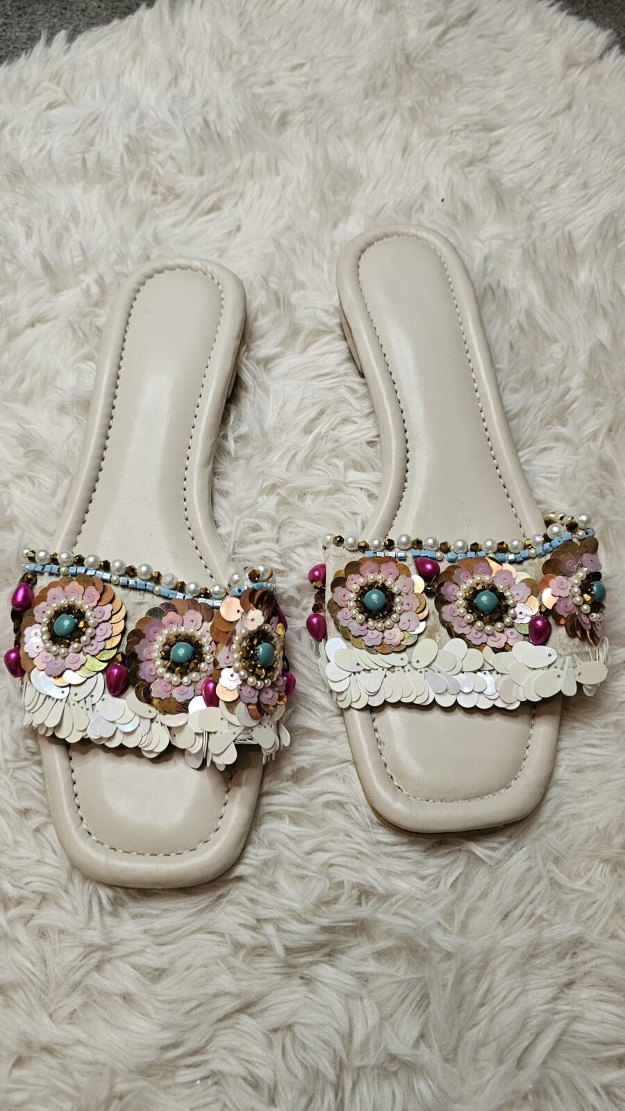 white embellish flower mirror work flat slippers