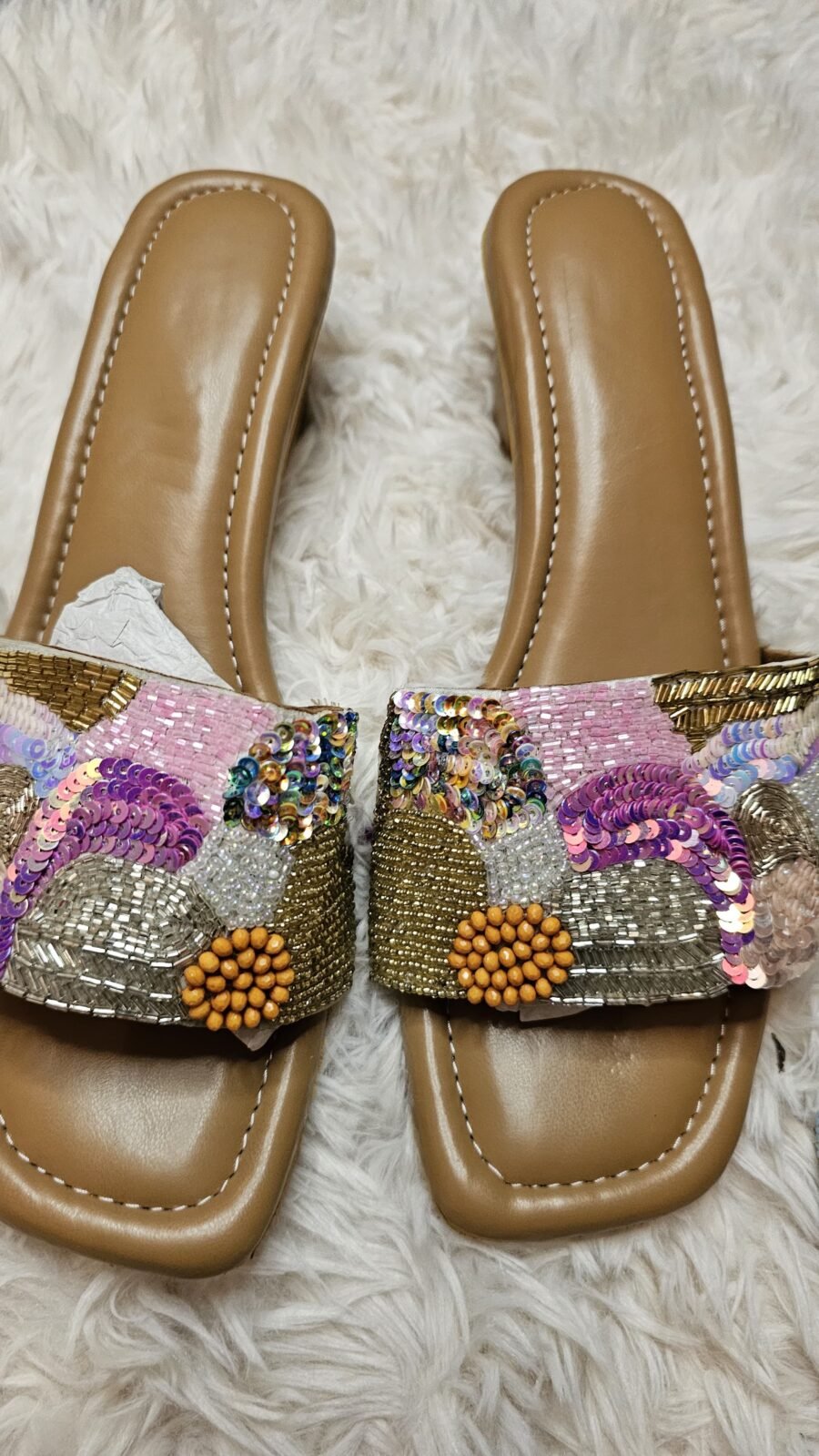 Hand embroidery with sequins, laces, beadwork wedge heel