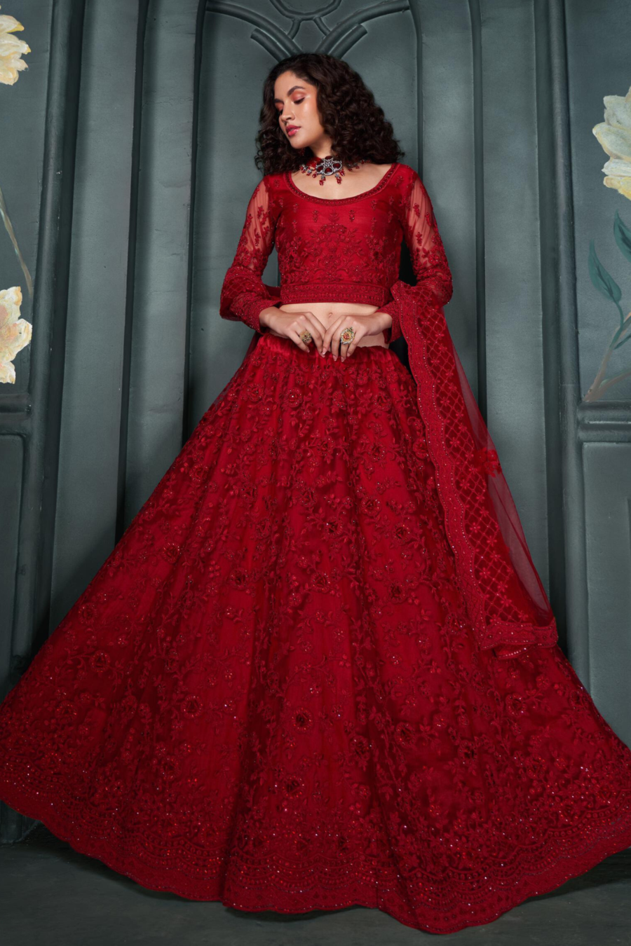 Radiant Red Net Lehenga Featuring Exquisite Stone Embroidery