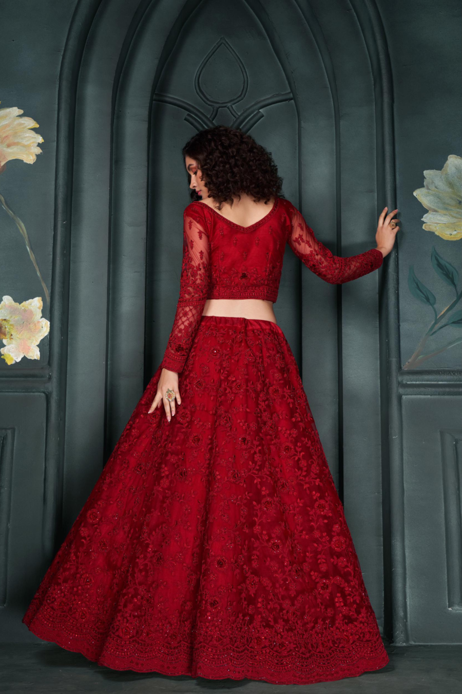 Radiant Red Net Lehenga Featuring Exquisite Stone Embroidery