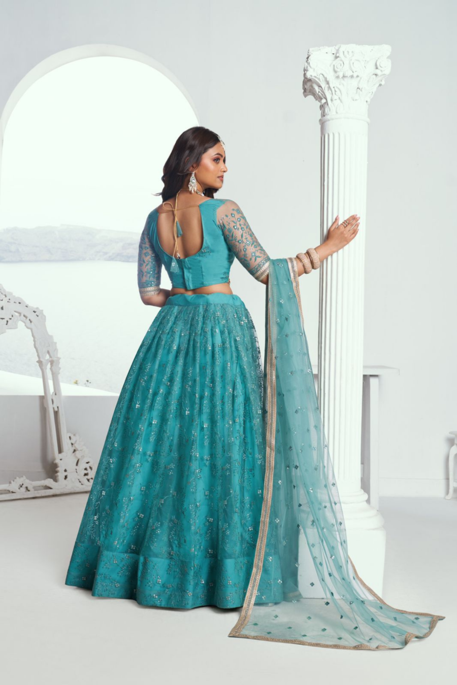 Rama Green Colour Net Embroidered Sequins Lehenga Set