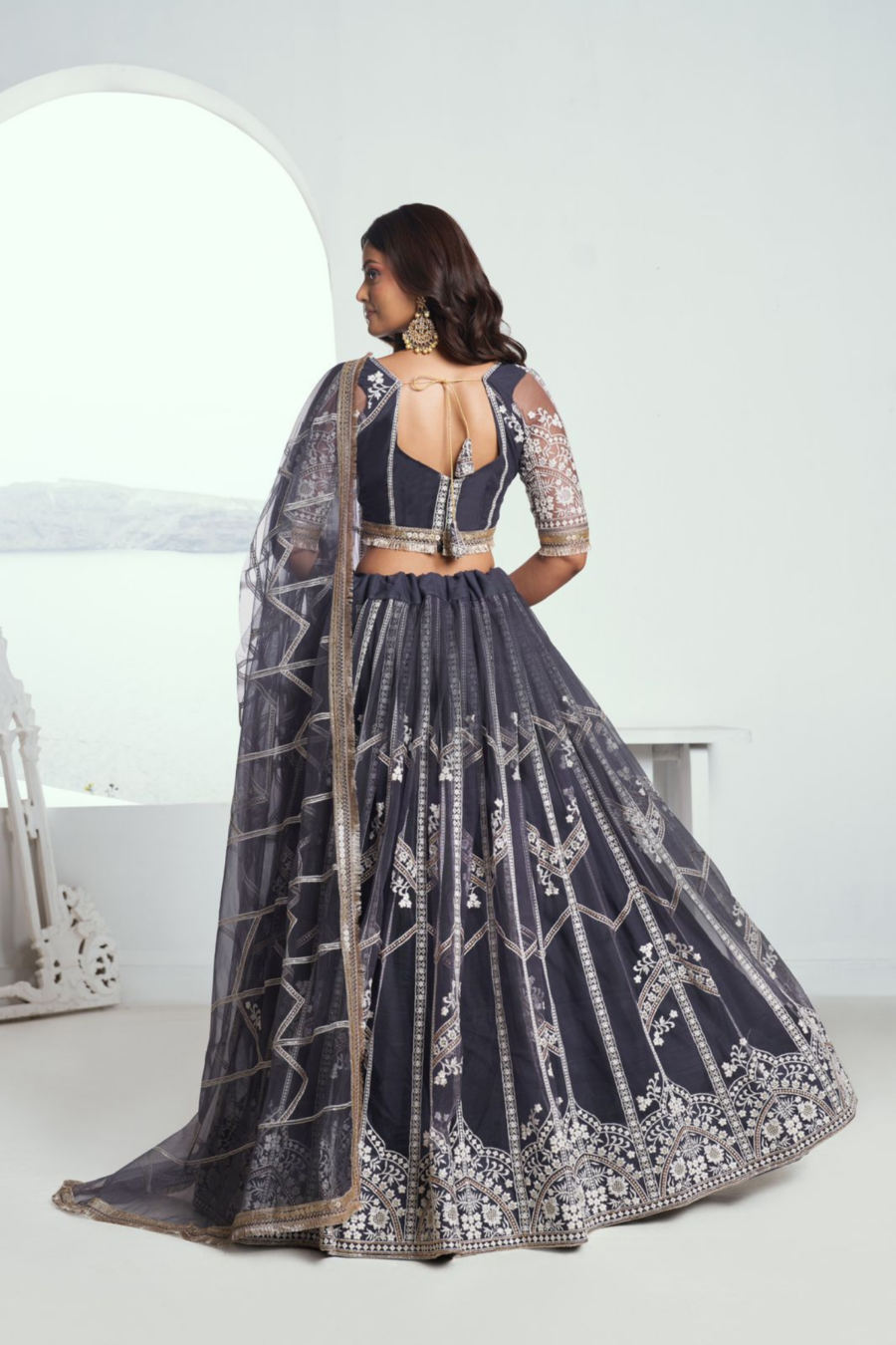 Dark Grey Colour Net Embroidered Sequins Lehenga Set