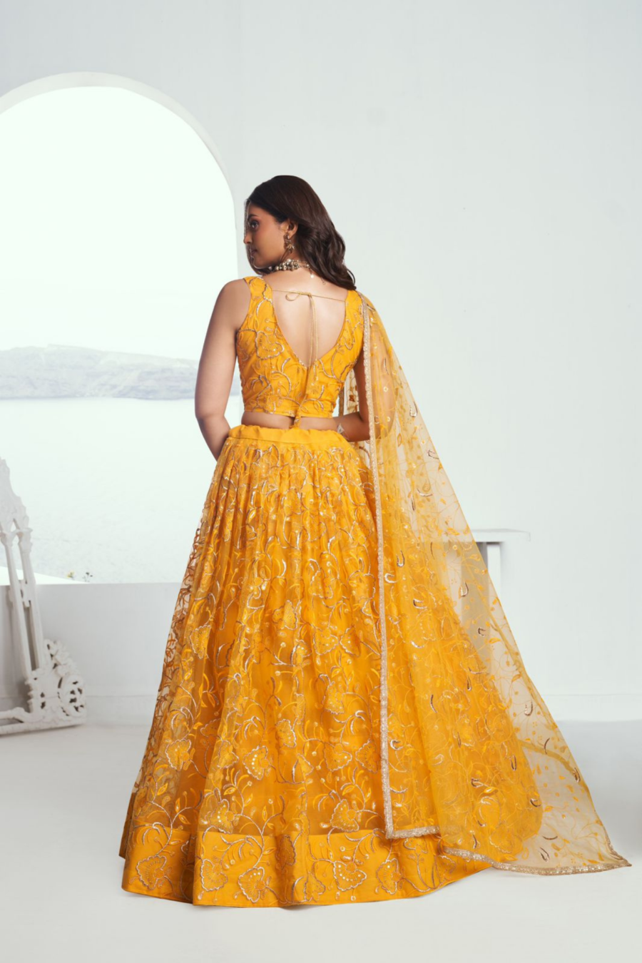 Yellow Colour Net Embroidered Sequins Lehenga Set