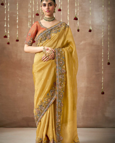 Mustard Yellow Organza Silk Embroidered Sequins Saree
