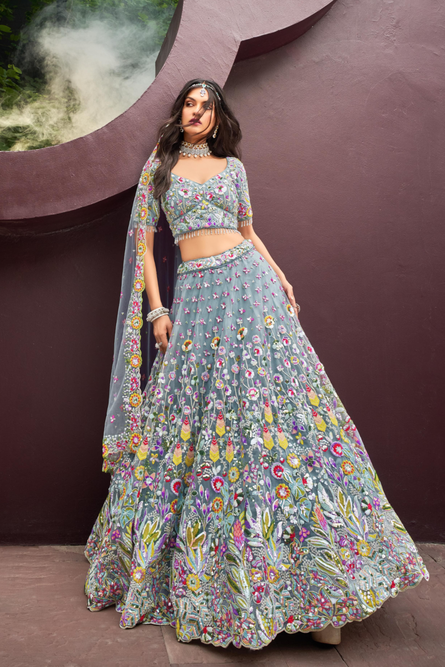 Sky Blue Colour Embroidered Sequin Lehenga Set With Net Dupatta