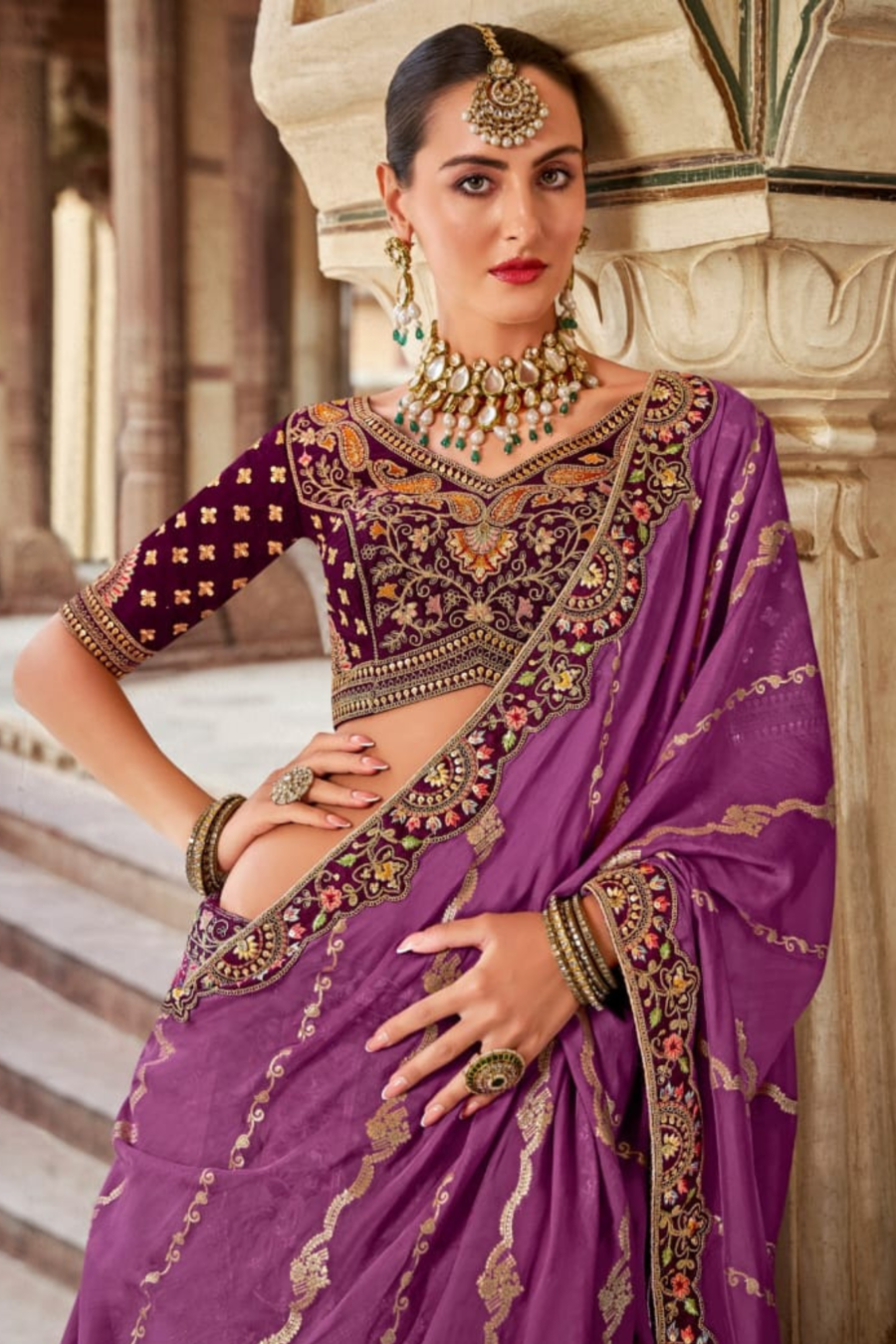 Pure Purple Colour Embroidered Sequins Banarasi Silk Lehenga Set