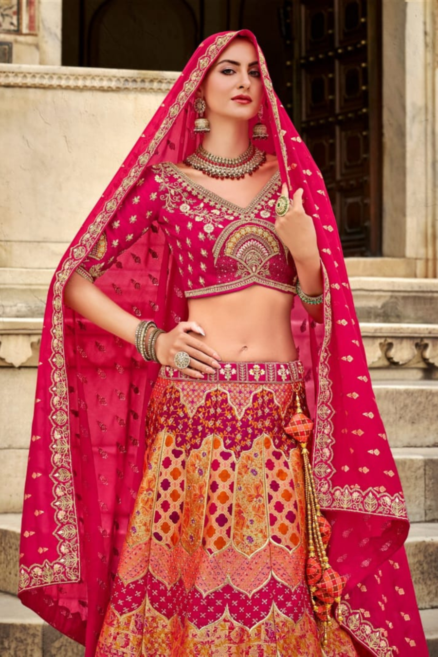 Red And Orange Colour Embroidered Sequins Silk Lehenga Set