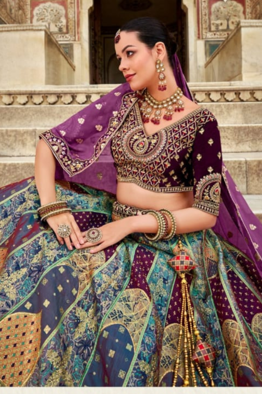 Purple Colour Embroidered Sequins Silk Lehenga Set