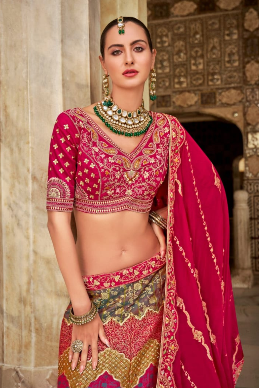 Red Colour Embroidered Sequins Banarasi Silk Lehenga Set