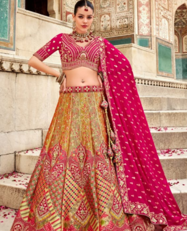 Golden And Pink Colour Embroidered Sequins Banarasi Silk Lehenga Set