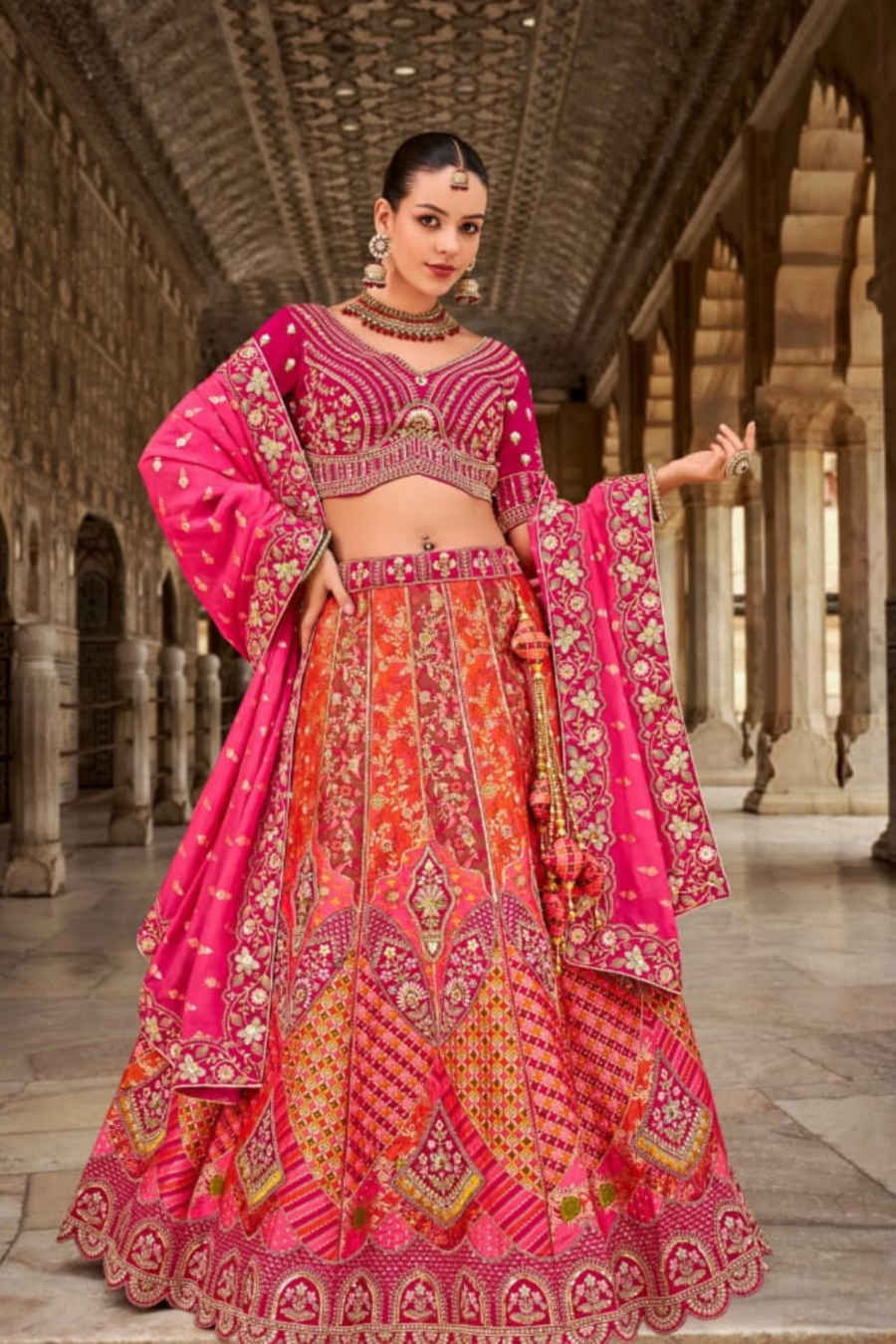 Double Shaded Embroidered Sequins Banarasi Silk Lehenga Set