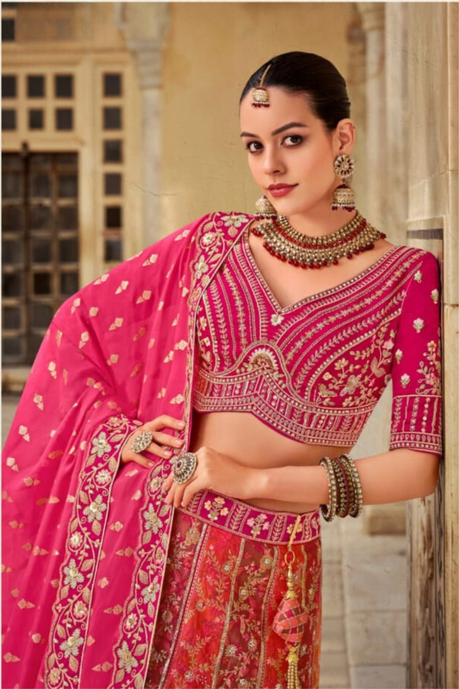 Double Shaded Embroidered Sequins Banarasi Silk Lehenga Set