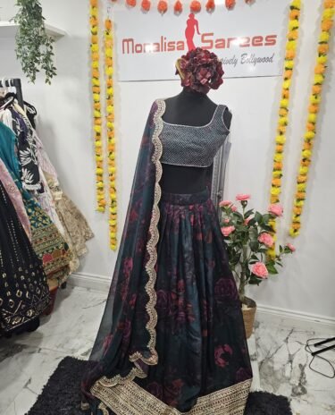 Blue Floral Printed  Silk Lehanga and blouse with dupatta